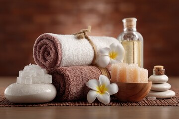Wellness treatment setup with towels, oils, and spa elements in relaxing beauty spa environment