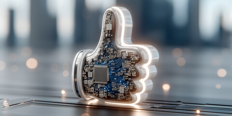 未来的な電子回路で描かれた輝くサムズアップと都市の背景