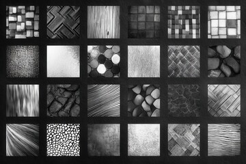 Grayscale grid showcasing various textures captured in monochrome, highlighting intricate patterns and the beauty of material diversity