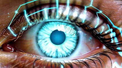 Close up human eye with glowing AI circuits, artificial intelligence vision, futuristic technology, digital transformation concept video - Powered by Adobe