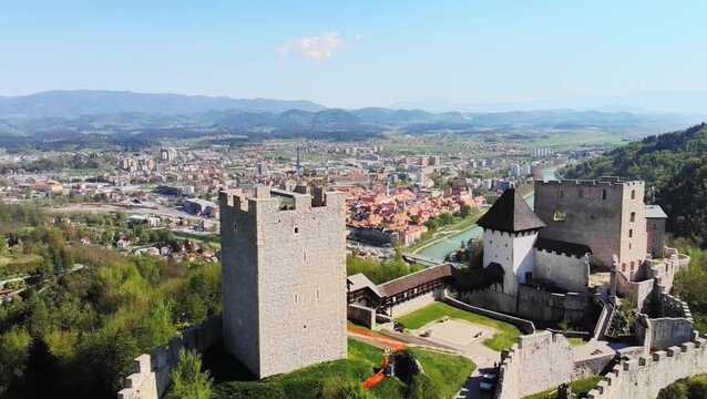 Aerial panorama of Celje Castle ruins and cityscape, Slovenia