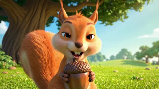Adorable animated cartoon squirrel character proudly presenting a large brown acorn treasure while standing in a sunny green park environment beneath a large tree