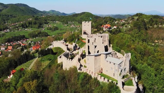 Aerial view of Celje Castle above town, Slovenia