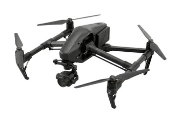 Modern black professional drone with camera and four propellers, ready for aerial photography and videography, showcasing advanced technology and sleek design.