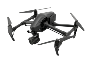 Modern black professional drone with camera and four propellers, ready for aerial photography and videography, showcasing advanced technology and sleek design.