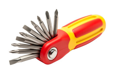 Versatile multi-bit screwdriver with various interchangeable metal tips is displayed fanned out, showcasing its utility for different fastening tasks and repairs.