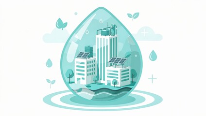 Sustainable city life protected within a water droplet, symbolizing eco-friendly urban development and conservation.