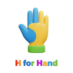 3D icon of a colorful stylized human hand for educational alphabet learning letter H, isolated on white background.