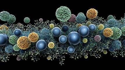 Artistic depiction of microscopic spheres and structures against a stark black background