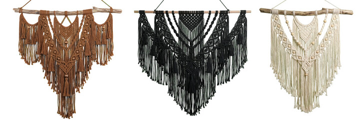 brown, black and cream coloured macrame hanging wall art, on transparent background
