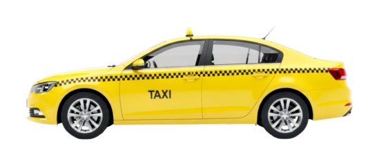 Bright yellow taxi car with a checkered stripe and roof sign stands ready for passenger pick-up, representing urban transportation services.