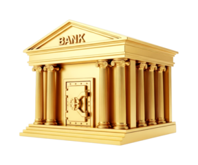 Luxurious golden bank building with a secure vault door and classical columns symbolizes wealth, security, and financial stability in a modern economy.