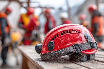 Red safety helmet for rope access mining workers during a training session in an outdoor site with multiple team members in the background