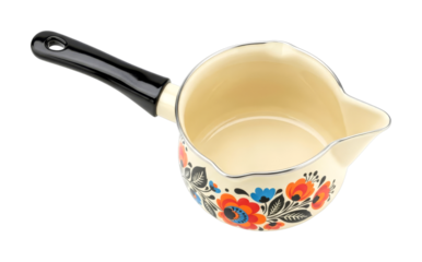 Enamel saucepan with a colorful floral pattern and black handle, perfect for cooking, heating milk, or preparing sauces in a kitchen.