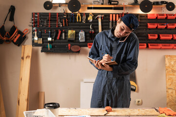 carpenter writing online orders talking with client while woodworking workshop