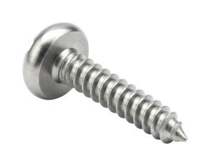 Single metal screw with a pan head features a robust threaded shaft and a sharp pointed tip, essential for various fastening applications.