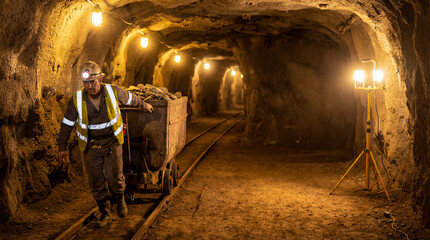 Worker pulls a cart through a dimly lit mine tunnel while bright lights illuminate the rocky surroundings and the worn tracks