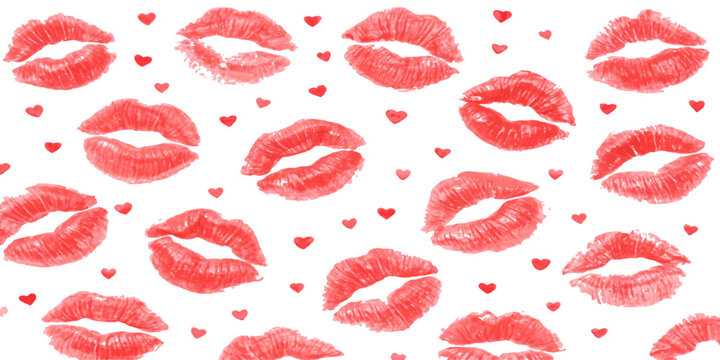 Seamless vector pattern with pink and red lipstick kiss marks and hearts for love and fashion design. Valentine's day card or romantic post cards. Design heart elements for valentine message. 
