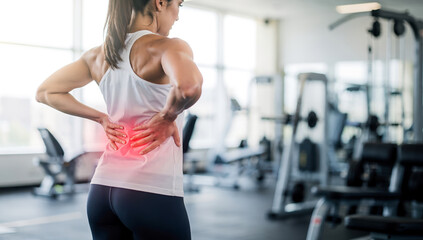 Woman standing in a gym feeling discomfort in her lower back while exercising in bright light during a workout session