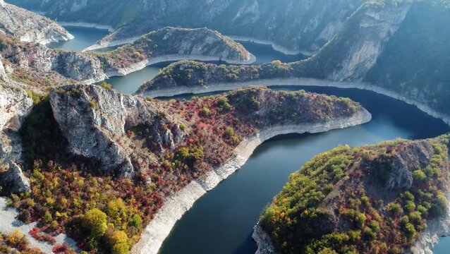 Wide aerial panorama of Uvac River curves, Serbia