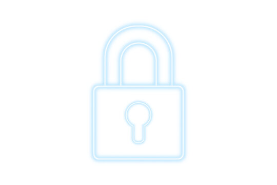 Neon glowing white padlock outline symbol for digital security privacy lock and data protection icon on transparent background