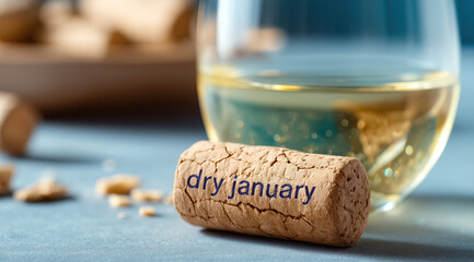 Wine glass stands beside cork inscribed with Dry January message.