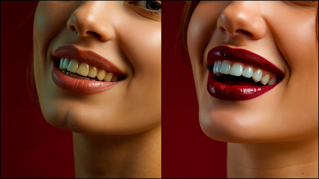 A split-screen comparison of a woman's face with and without lipstick showcasing the difference in appearance
