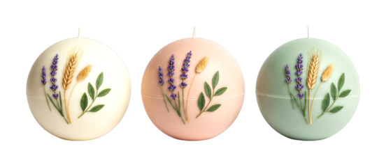 Decorative spherical candles adorned with dried lavender, wheat, and green leaves, presented in a harmonious row of pastel colors.