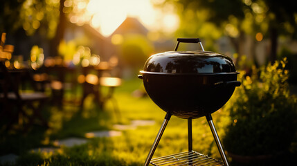 A black barbecue grill with a silver stand sitting on a grassy area with a blurred background of a sunlit outdoor setting