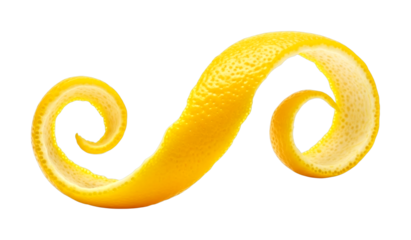 Vibrant citrus peel elegantly curls into an S-shape, showcasing its fresh texture, bright yellow color, and aromatic zest, ready for culinary use.