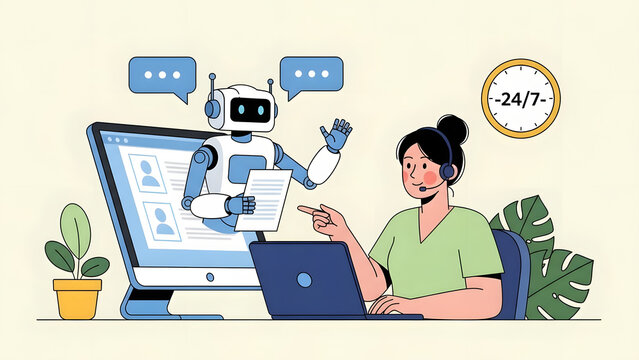 Modern Business Customer Support Woman with Headset Working with AI Robot Assistant for 24-7 Global Service Efficiency and Digital Transformation Strategy in Startup Technology - Powered by Adobe