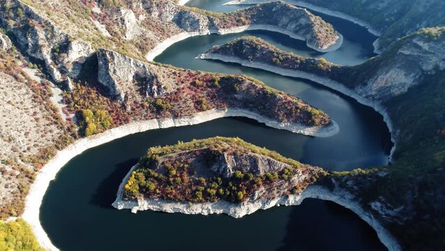 Aerial view of tight river meander in Uvac Canyon, Serbia
