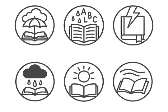 Weathered Story Icons. Line style circular vector icons of weathered tales: cloud umbrella above poetry, open novel raining