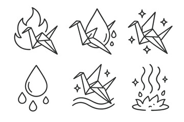Obraz premium Origami Element Transformation. Line style icons of Transforming Origami: origami cranes morphing between fire and water drops,