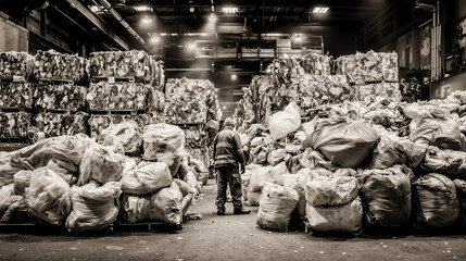 A man stands in front of a large pile of bags filled with trash