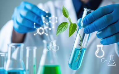 Scientist used biotechnology, ai technology, and dna plant in tube of scientific lab for medical research and Plant genetics development in Food industry. science chemistry in laboratory 