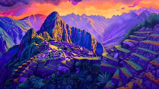 Fantasy pop art of machu picchu with lush tropical greens