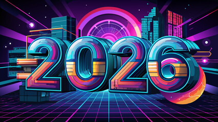 Futuristic 2026 digital numbers with hologram effects