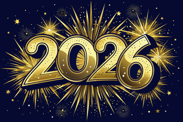 Gold glitter 2026 text with starburst fireworks vector