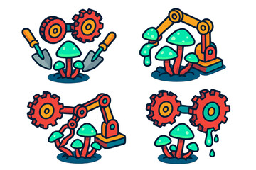 Fototapeta premium Clockwork Fungi Cultivation. Isometric vector illustration set Clockwork Mechanisms Cultivating Bioluminescent Fungi: rotating