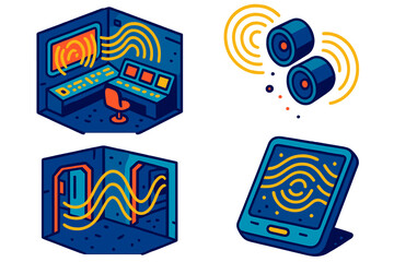 Fototapeta premium Archaeoacoustic Exploration. Isometric vector illustration set Archaeoacoustics of Abandoned Space Stations: derelict control room