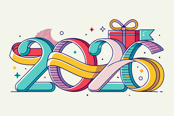 Minimalist 2026 line art with festive ribbon elements