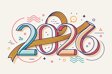 Minimalist 2026 line art with festive ribbon elements