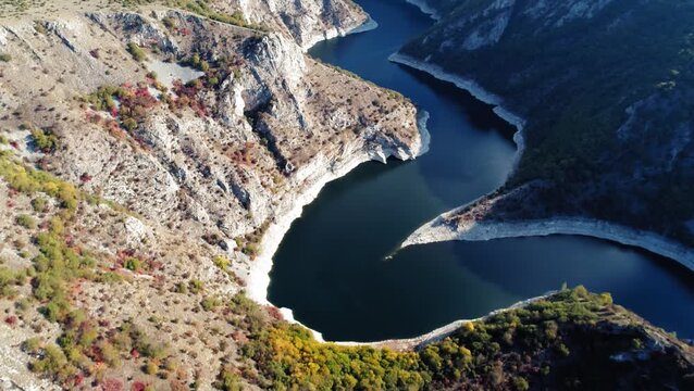 Aerial panorama of Uvac River winding through canyon, Serbia