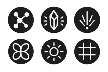 Atomic Aesthetic Icons. Solid style round vector icons of atomic aesthetics: molecular chain, shining crystal, glowing lines,