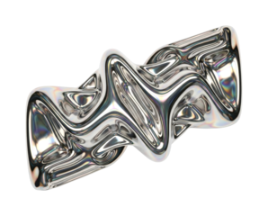 Abstract metallic shape with iridescent reflections creates a dynamic and futuristic liquid chrome effect, perfect for modern design elements.
