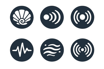 Distant Communication Icons. Solid style round vector icons of distant communication: shell, echo, sound ring, pulse line, mist,