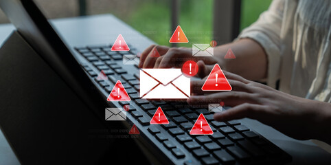 Concept of a cybersecurity warning for unsafe email communication. This alert signifies a phishing attack, spam, or malware risk that requires immediate attention to prevent fraud. Fermion