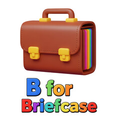 3D icon of a brown leather briefcase with colorful file folders inside, representing B for Briefcase for business, law, and professional organization concepts
