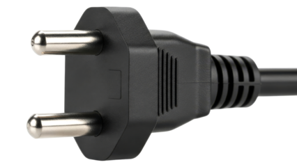 Black electrical power plug with two pins extending from a durable plastic casing, ready to connect to an outlet for charging electronic devices.